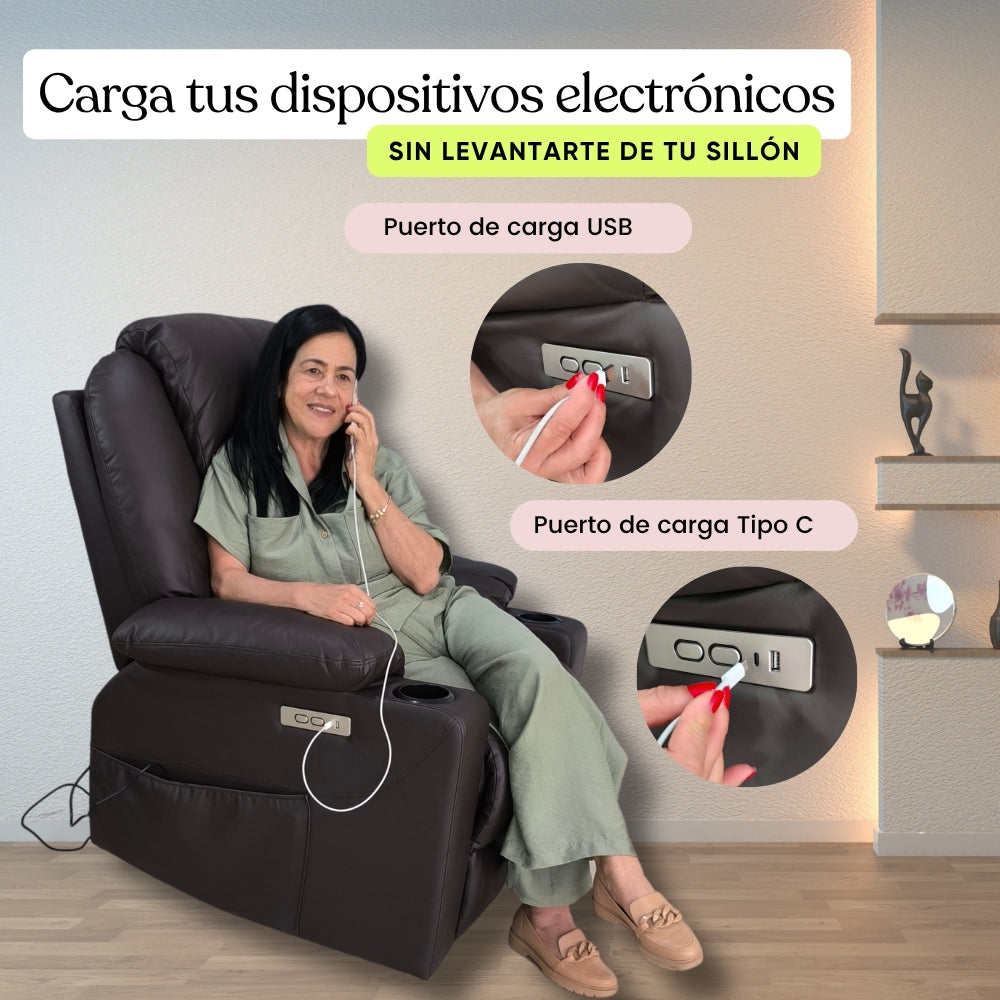 Sillón elevador Ultra - Masajeador térmico, reclinable, carga tipo C, porta vasos- standup couch