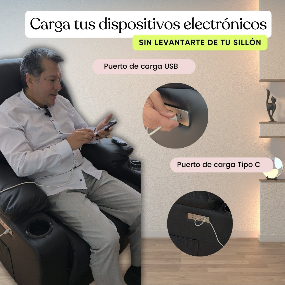 Sillón elevador Ultra - Masajeador térmico, reclinable, carga tipo C, porta vasos- standup couch