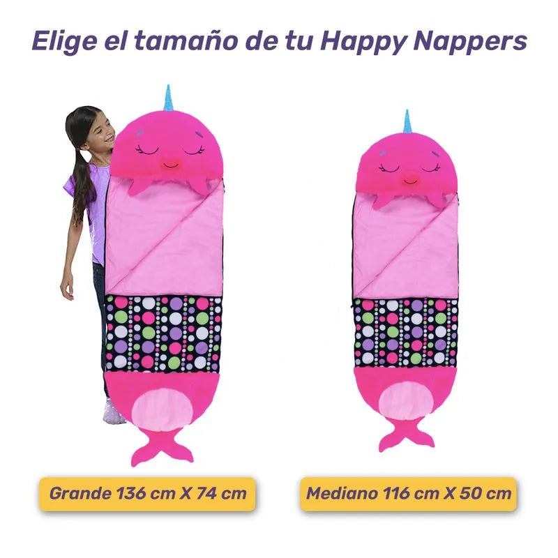 Saco de dormir para niños y divertido peluche original - Happy Nappers Mediano Narval Rosado