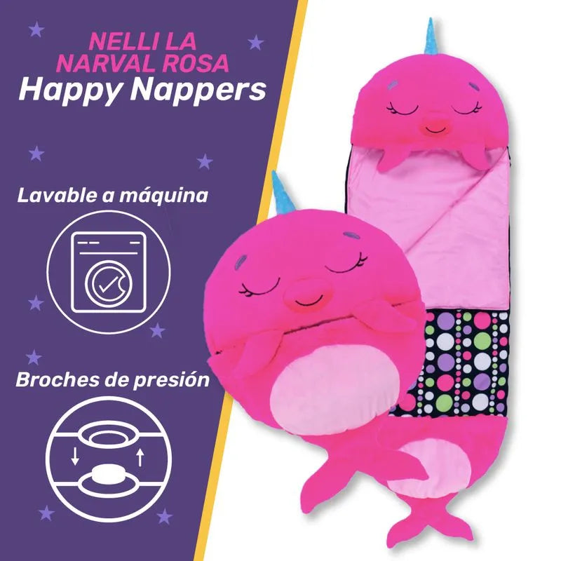 Saco de dormir para niños y divertido peluche original - Happy Nappers Mediano Narval Rosado