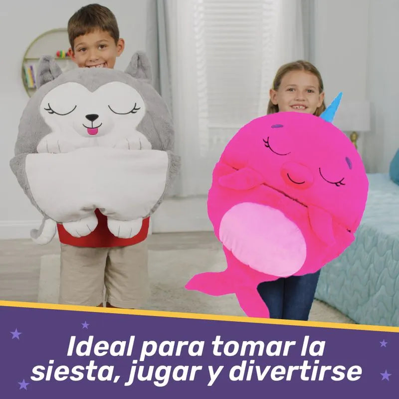 Saco de dormir para niños y divertido peluche original - Happy Nappers Mediano Narval Rosado