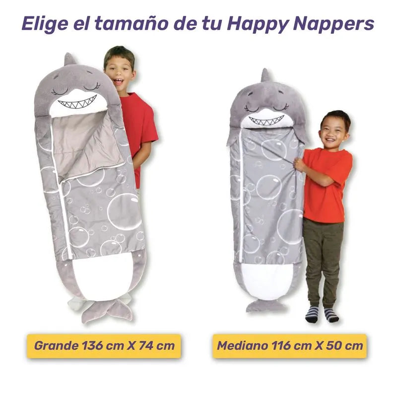 Saco de dormir para niños y divertido peluche original - Happy Nappers Mediano Tiburon Gris